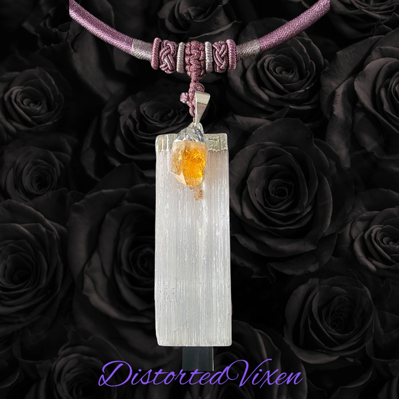 Citrine & Selenite Harmony Necklace | Mauve Cord | Cleansing + Confidence Energy - Picture 3 of 7